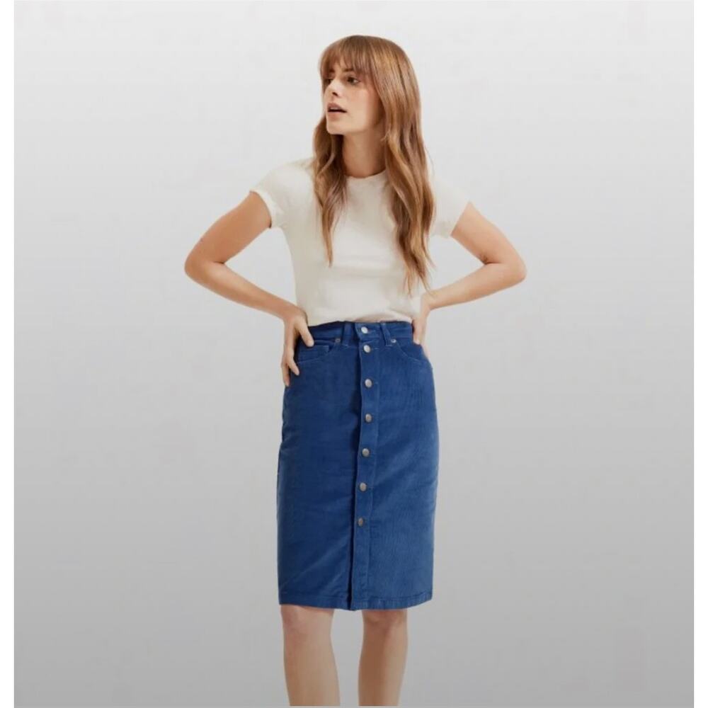 Everlane Baby Blue Button Front Corduroy Midi Skirt Sz 27